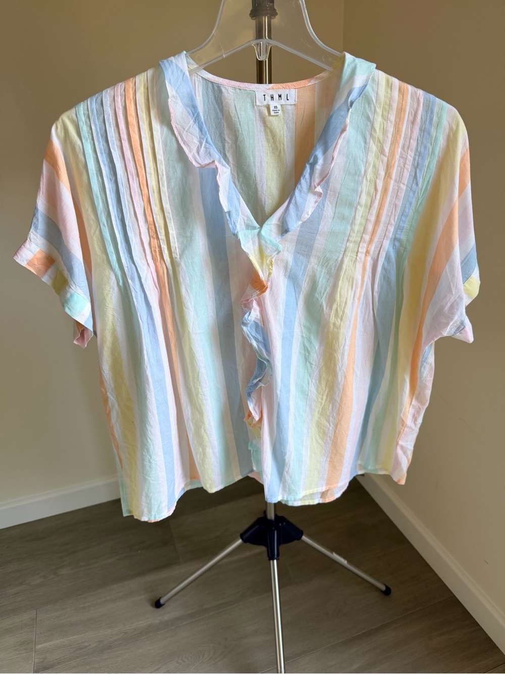 THML XL Pastel Multi-Stripe Ruffle V-Neck Blouse 100% cotton.